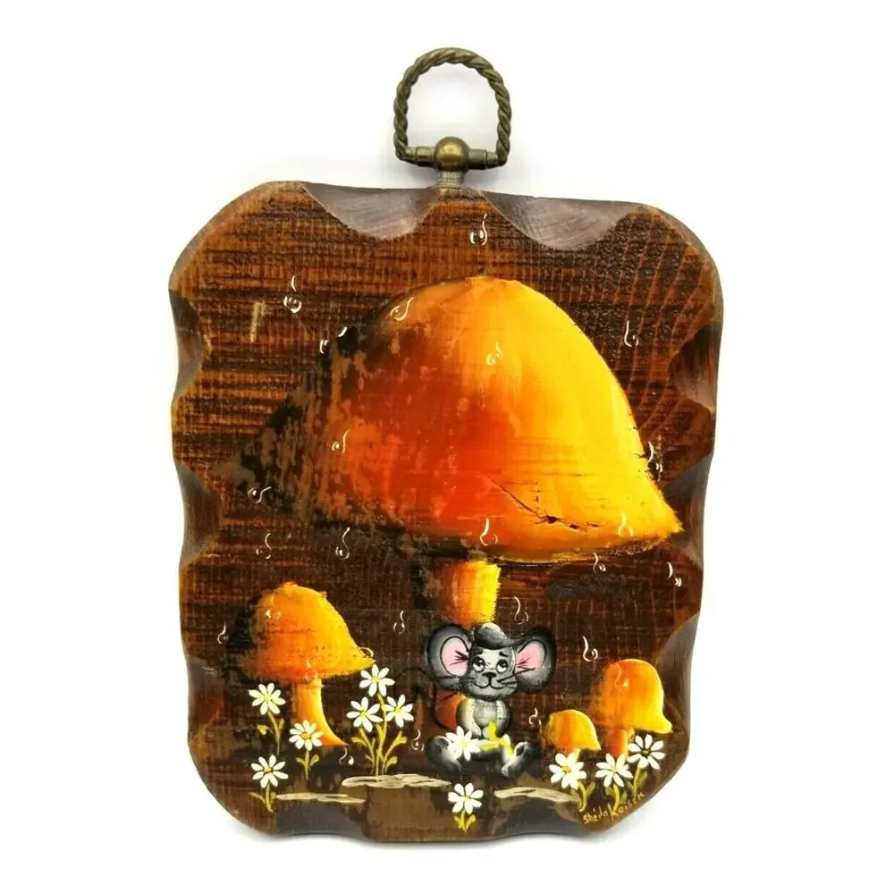 Vintage Mushrooms Mouse Tole Painting Signed by Artist Wall Hanging 7